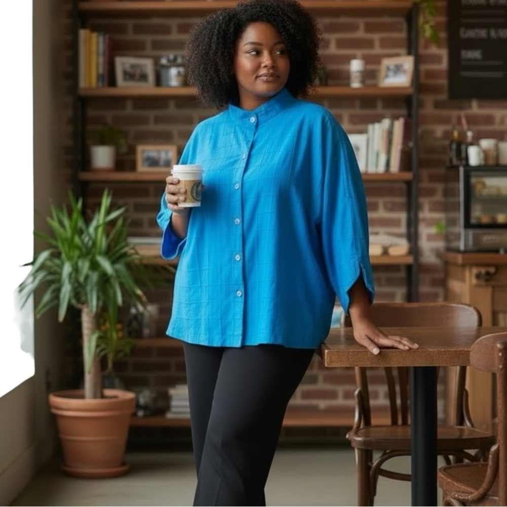 Ali Miles Woven Top size 3X Turquoise Button Down Office Career Dolman Sleeves